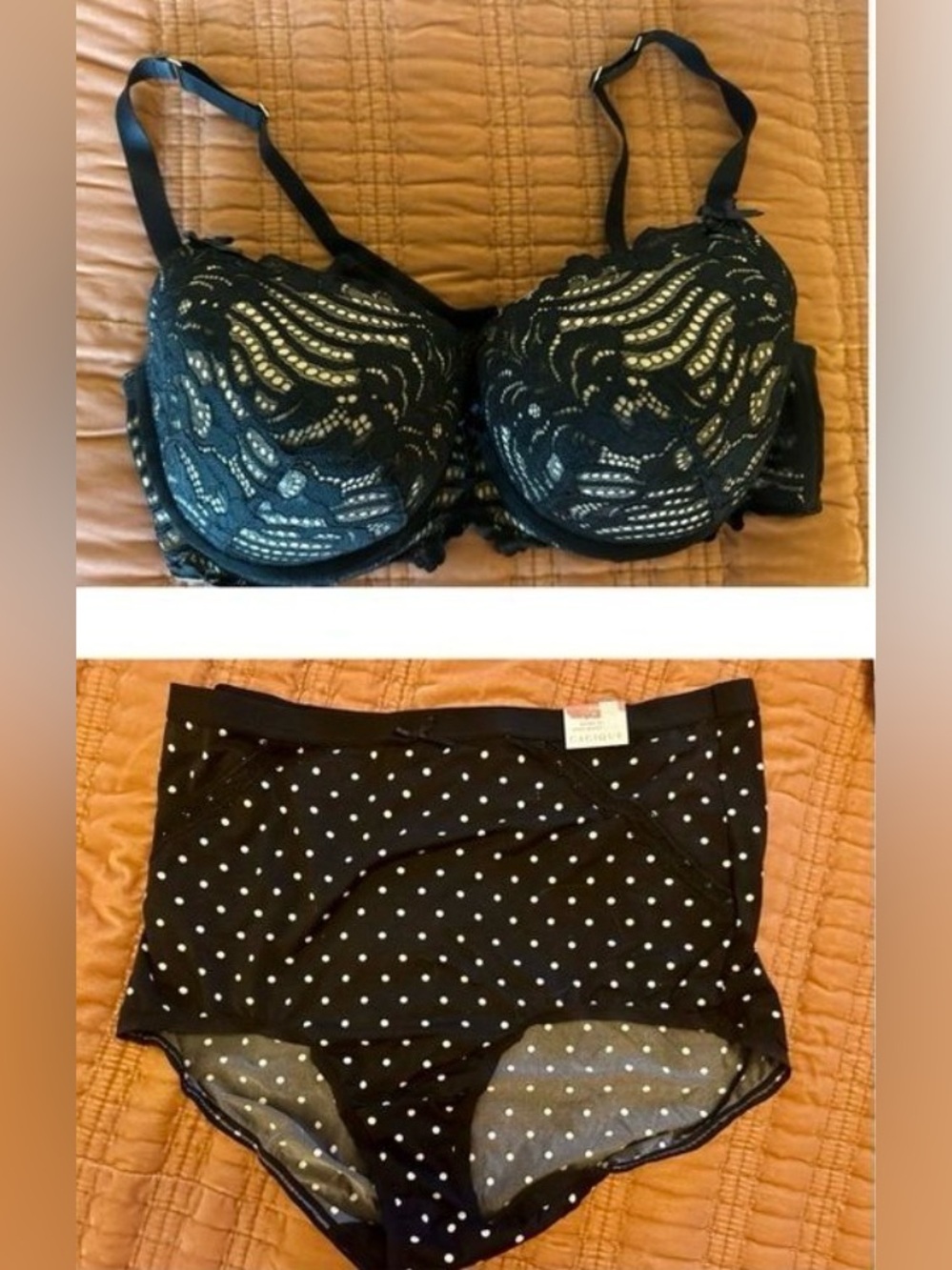 Cacique 40D Black Lace Underwire Bra & Polka Dot Brief Lingerie Set